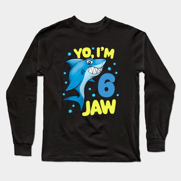 Cute 6th Birthday Funny Shark Boys Kids Long Sleeve T-Shirt by Foxxy Merch